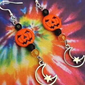 HANDMADE Beaded Halloween Pumpkin Moon Star Dangle Earrings